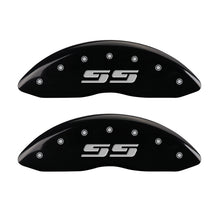 Cargar imagen en el visor de la galería, MGP 2 Caliper Covers Eng Front Silverado SS Black Finish Sil Char 2008 Chevy Silverado 1500