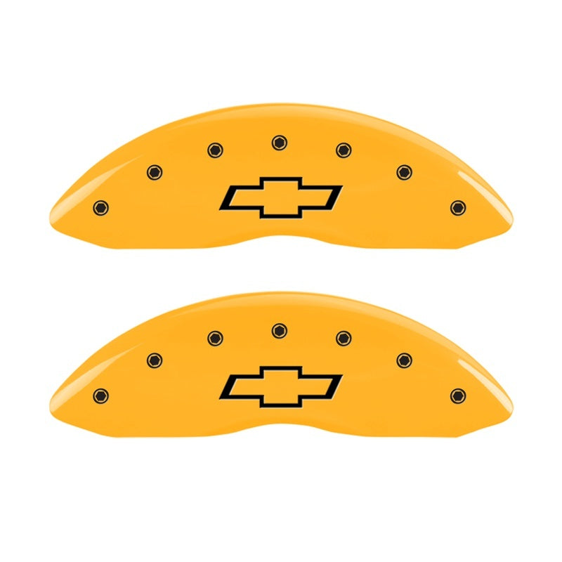 MGP 2 Caliper Covers Engraved Front Bowtie Yellow Finish Blk Char 05 Chevy Silverado 1500