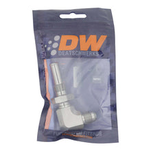 Cargar imagen en el visor de la galería, DeatschWerks 6AN Male Flare to 90-Degree 3/8in Single Hose Barb - Anodized DW Titanium