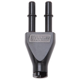 Russell Adapter Y-Block 3/8in Sae Quick Disconnect Female To 2X 3/8in Sae Qd Male Blk Anodized