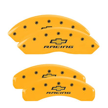 Cargar imagen en el visor de la galería, MGP 4 Caliper Covers Engraved F &amp; R Chevy Racing Yellow Finish Black Char 2017 Chevrolet Camaro