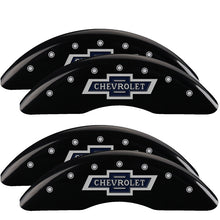 Cargar imagen en el visor de la galería, MGP 4 Caliper Covers Engraved F &amp; R 100th Anniv Black Finish Silver Char 2019 Chevy Silverado 3500HD