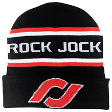 Cargar imagen en el visor de la galería, RockJock Beanie Black w/ Red and White RJ Logos and Stripes One Size Fits All