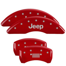 Cargar imagen en el visor de la galería, MGP 4 Caliper Covers Engraved Front JEEP Engraved Rear JEEP Grill logo Red finish silver ch