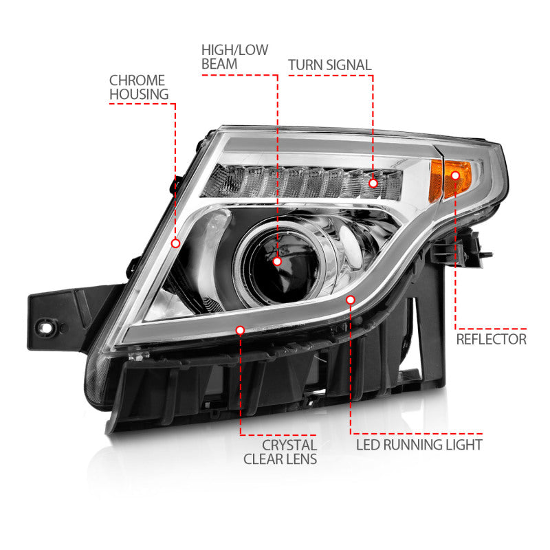 ANZO 11-15 Ford Explorer Projector Headlights w/ Light Bar Chrome Housing w/ Amber light