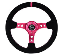 Cargar imagen en el visor de la galería, NRG Reinforced Steering Wheel (350mm/ 3in. Deep) Black Suede/ Fushia Center Mark/ Fushia Stitching