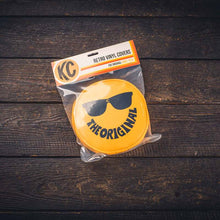 Load image into Gallery viewer, KC HiLiTES Retro 6in Round Yellow Vinyl Light Cover w/ Black KC Sunglasses Logo