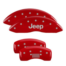 Load image into Gallery viewer, MGP 4 Caliper Covers Engraved Front &amp; Rear 20-26 Jeep Gladiator - Red w/ JEEP &amp; Grill Logo