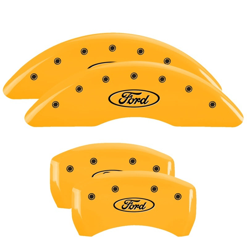 MGP 4 Caliper Covers Engraved Front & Rear 24-25 Ford Mustang EcoBoost Yellow Finish Black Ford Logo