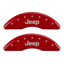 Cargar imagen en el visor de la galería, MGP 4 Caliper Covers Engraved Front JEEP Engraved Rear JEEP Grill logo Red finish silver ch