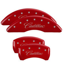 Cargar imagen en el visor de la galería, MGP 4 Caliper Covers Engraved Front &amp; Rear Cursive/Cadillac Red Finish Silver Char 2016 Cadillac CT6