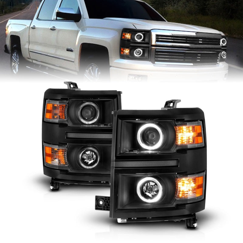 ANZO 14-15 Chevrolet Silverado 1500 Projector Headlights w/ Halo Black Housing w/ Black Trim