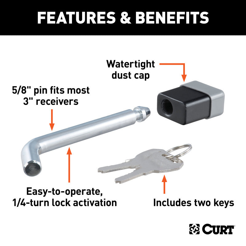 Curt 5/8in Hitch Lock (2in 2-1/2in or 3in Receiver Deadbolt Chrome)