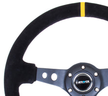 Cargar imagen en el visor de la galería, NRG Reinforced Steering Wheel (350mm / 3in. Deep) Blk Suede w/Circle Cut Spokes &amp; Single Yellow CM