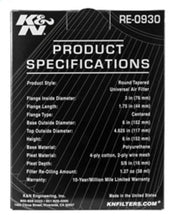 Cargar imagen en el visor de la galería, K&amp;N Universal Rubber Filter - Round Tapered 6in Base OD x 3in Flange ID x 6in H
