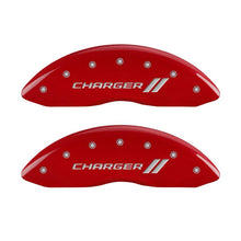 Cargar imagen en el visor de la galería, MGP 4 Caliper Covers Engraved Front &amp; Rear With stripes/Charger Red finish silver ch