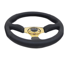 Cargar imagen en el visor de la galería, NRG Reinforced Steering Wheel (350mm / 2.5in. Deep) Leather Race Comfort Grip w/4mm Gold Spokes