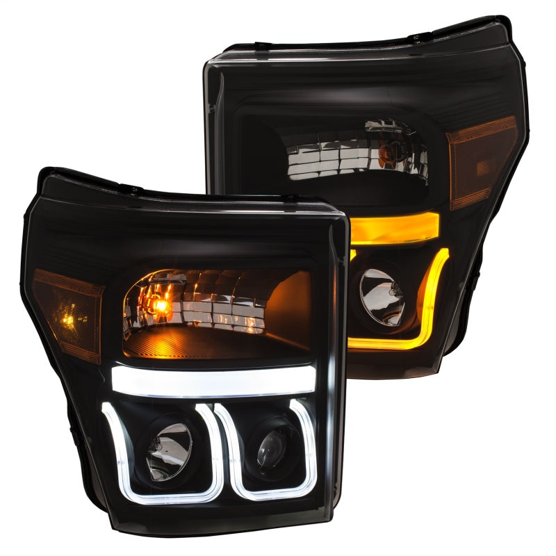 ANZO 11-16 Ford F-150 Super Duty Projector Headlights w/ U-Bar Switchback Black w/ Amber