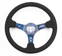 Cargar imagen en el visor de la galería, NRG Reinforced Steering Wheel (3in. Deep) Mad Mike/ 5mm Spoke /Alcantara Finish w/ Blue Stitching