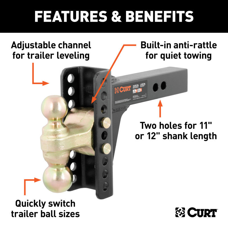 Curt Adjustable Channel Mount w/Dual Ball (2in Shank 14000lbs 6in Drop)