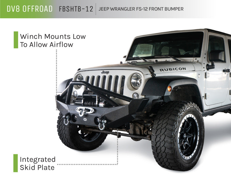 DV8 Offroad 07-18 Jeep Wrangler JK/JL FS-12 Mid Length Steel Front Bumper w/ Fog Lights