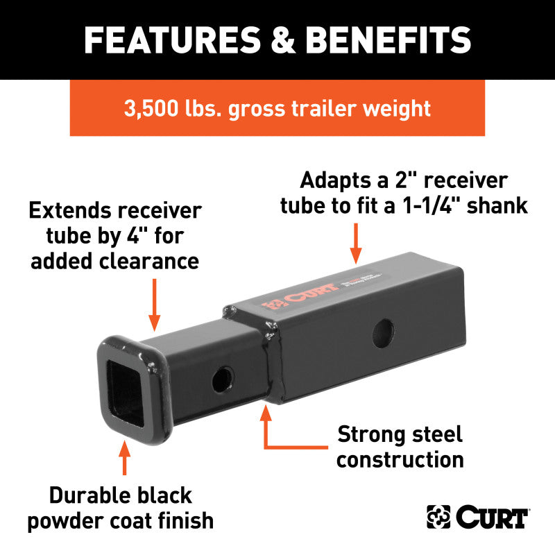 Curt Receiver Tube Adapter (2in to 1-1/4in Shank 3500lbs GTW 4in Length)