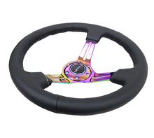 Cargar imagen en el visor de la galería, NRG Reinforced Steering Wheel (350mm / 3in. Deep) Blk Leather/Blk Stitch w/Neochrome Slits