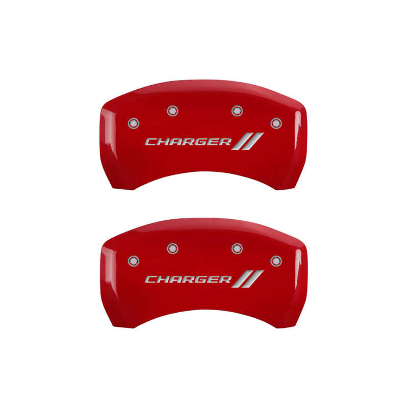 MGP 4 Caliper Covers Engraved Front & Rear With stripes/Charger Red finish silver ch