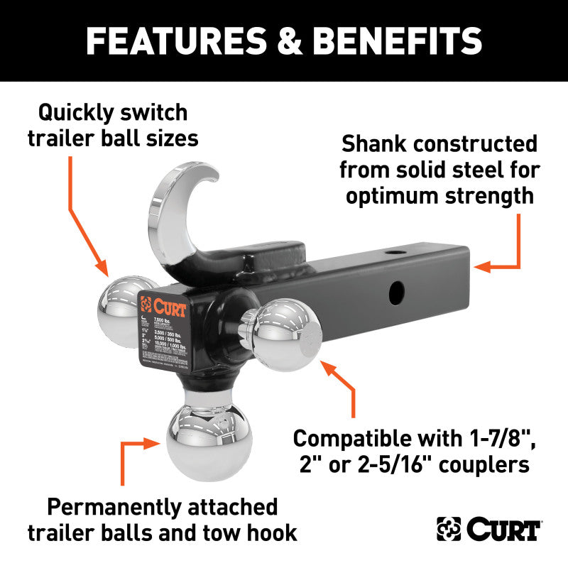 Curt Multi-Ball Mount w/Hook (2in Solid Shank 1-7/8in 2in & 2-5/16in Chrome Balls)