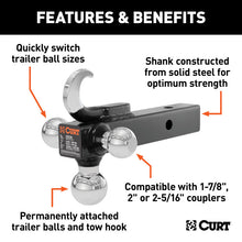 Cargar imagen en el visor de la galería, Curt Multi-Ball Mount w/Hook (2in Solid Shank 1-7/8in 2in &amp; 2-5/16in Chrome Balls)