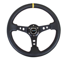 Cargar imagen en el visor de la galería, NRG Reinforced Steering Wheel (350mm / 3in. Deep) Blk Leather w/Blk Cutout Spoke/Yellow Center Mark