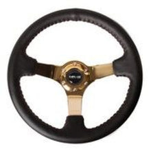 Cargar imagen en el visor de la galería, NRG Reinforced Steering Wheel (3in Deep / 4mm) 350mm Blk Leather w/Red BBall Stitch &amp; Gold Spoke