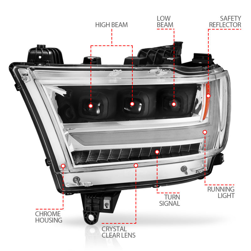 ANZO 19-20 Dodge Ram 1500 Tradesman LED Projector Headlights Plank Style w/Sequential Black (Driver)