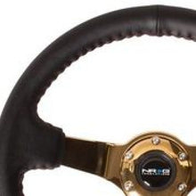 Cargar imagen en el visor de la galería, NRG Reinforced Steering Wheel (3in Deep / 4mm) 350mm Blk Leather w/Red BBall Stitch &amp; Gold Spoke