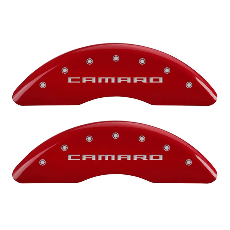 MGP 4 Caliper Covers Engraved Front Gen 5/Camaro Engraved Rear Gen 5/SS Red finish silver ch