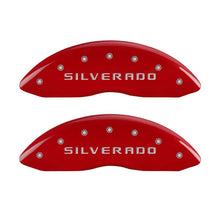 Load image into Gallery viewer, MGP Front set 2 Caliper Covers Engraved Front Silverado Red finish silver ch