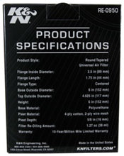 Cargar imagen en el visor de la galería, K&amp;N Universal Rubber Filter 3 1/2inch ID FLG / 6inch Base / 4-5/8inch Top / 6inch Height