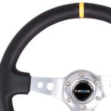 Cargar imagen en el visor de la galería, NRG Reinforced Steering Wheel (350mm / 3in. Deep) Blk Leather w/Circle Cut Spokes &amp; Single Yellow CM