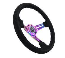 Cargar imagen en el visor de la galería, NRG Reinforced Steering Wheel (350mm / 3in. Deep) Blk Suede/Blk Stitch w/Neochrome Slits