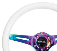 Cargar imagen en el visor de la galería, NRG Classic Wood Grain Steering Wheel (350mm) Glow-N-The-Dark Green Grip w/Neochrome 3-Spoke Center