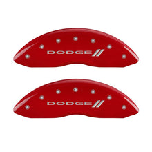 Cargar imagen en el visor de la galería, MGP 4 Caliper Covers Engraved Front &amp; Rear With stripes/Dodge Red finish silver ch