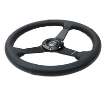 Cargar imagen en el visor de la galería, NRG Sport Steering Wheel (350mm / 1.5in Deep) Black Leather Black Stitch w/Matte Black Solid Spokes