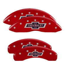 Cargar imagen en el visor de la galería, MGP 4 Caliper Covers Engraved F &amp; R 100 Anniversary Red Finish Silver Char 2019 Chevy Silverado 1500