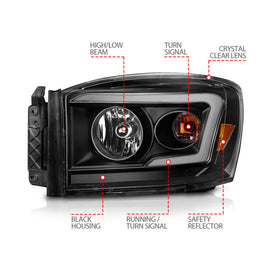 ANZO 06-09 Dodge RAM 1500/2500/3500 Headlights Black Housing/Clear Lens (w/Switchback Light Bars)