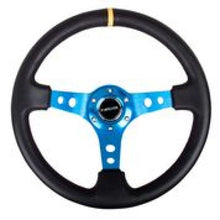 Cargar imagen en el visor de la galería, NRG Reinforced Steering Wheel (350mm / 3in. Deep) Blk Leather w/Blue Circle Cutout Spokes