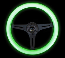 Cargar imagen en el visor de la galería, NRG Classic Wood Grain Steering Wheel (350mm) Glow-N-The-Dark Green Grip w/Black 3-Spoke Center