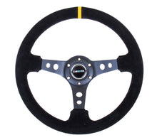 Cargar imagen en el visor de la galería, NRG Reinforced Steering Wheel (350mm / 3in. Deep) Blk Suede w/Circle Cut Spokes &amp; Single Yellow CM