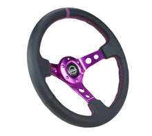 Cargar imagen en el visor de la galería, NRG Reinforced Steering Wheel (350mm / 3in. Deep) Black Leather w/Purple Center &amp; Purple Stitching