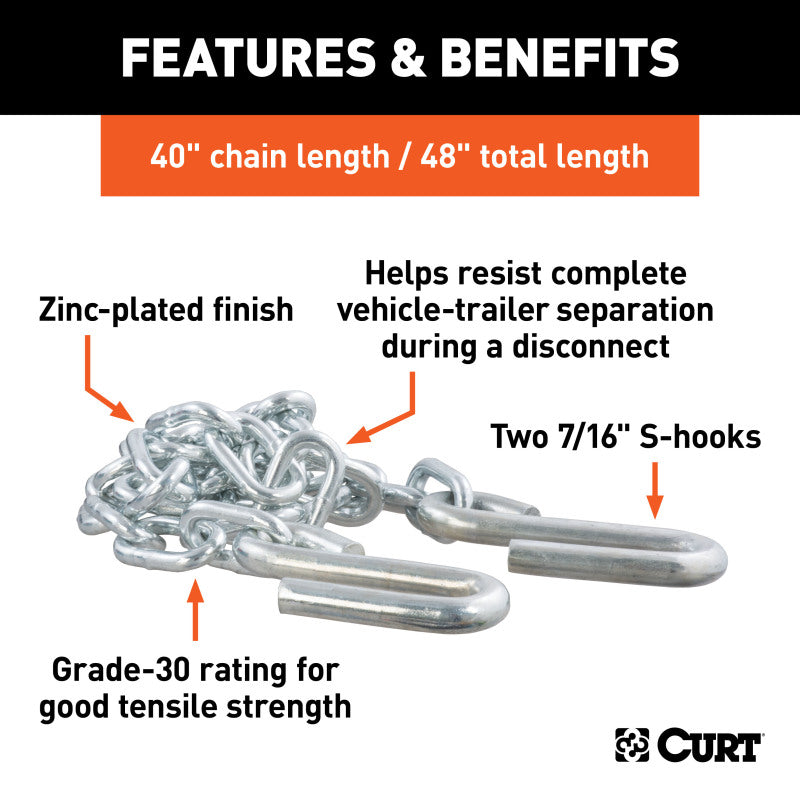 Curt 48in Safety Chain w/2 S-Hooks (5000lbs Clear Zinc Packaged)