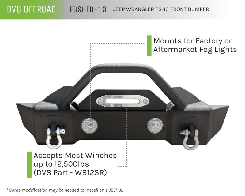 DV8 Offroad 07-18 Jeep Wrangler JK/JL FS-13 Steel Stubby Front Bumper w/ Fog Lights
